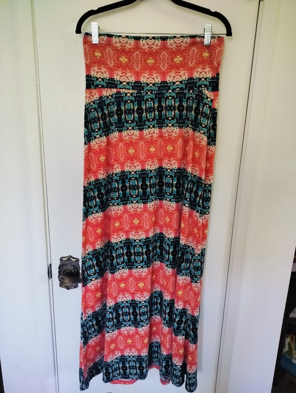 Lily Rose Boho Geometric Maxi Skirt Size Large Coral Teal Pullover Comfort Knit
